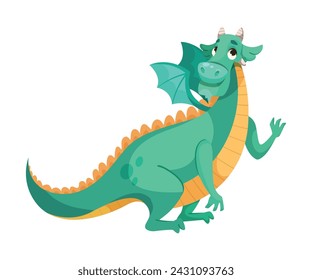 Fairy Green Dragon as Horned Legendary Creature with Wings Vector Illustration