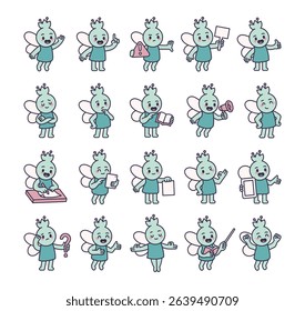 Fairy guide character set showing different school teaching moments with wings, books, hand signs, learning materials and communication tools for yours illustration and creative projects