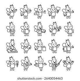 Fairy guide character set showing different school teaching moments with wings, books, hand signs, learning materials and communication tools for yours illustration and creative projects