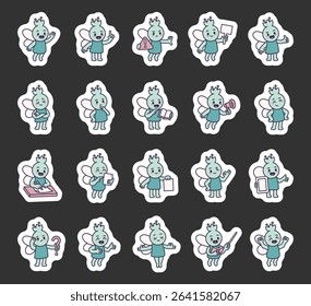 Fairy guide character set showing different school teaching moments with wings, books, hand signs, learning materials and communication tools for yours illustration and creative projects