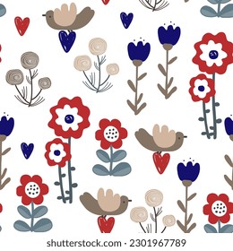 Fairy hand drawn flowers and birds with hearts seamless pattern. Nursery or rustic Scandinavian style, vector background