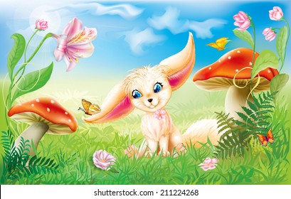 fairy happy baby fox on green grass with mushrooms and flowers