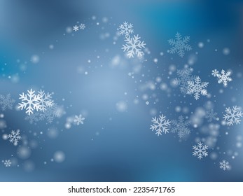 Fairy heavy snow flakes background. Snowstorm fleck freeze elements. Snowfall weather white teal blue illustration. Filigree snowflakes new year texture. Snow nature landscape.