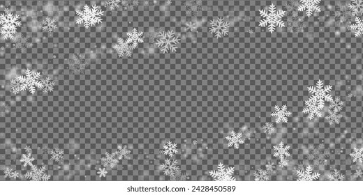 Fairy heavy snow flakes pattern. Wintertime speck freeze particles. Snowfall sky white transparent wallpaper. Vivid snowflakes february vector. Snow nature landscape.