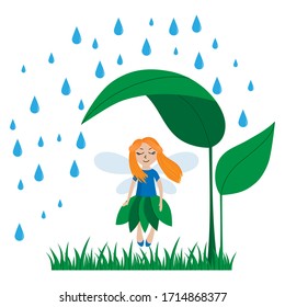 Fairy, der sich vor dem Regen unter einem großen Blatt versteckt. Vektorillustration.