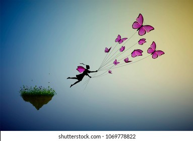 fairy holding flock  of pink butterflies and flying away from the flower island, fairy character,  fly to the sun, life in the dreamland on flying rock, silhouette.