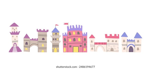 fairy house or castle pack. Set of childrens magic elements for coloring book, cover design.