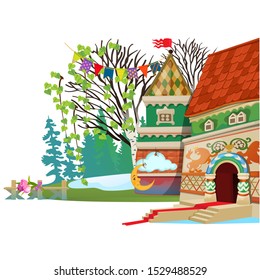 Fairy house and coniferous forest isolated on a white background. Vector cartoon close-up illustration.