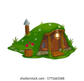 Fairy House Of Dwarf Gnome, Elf Home Cartoon Icon, Vector Isolated. Fairy Tale Dwarf Gnome House In Ground, Hut With Wooden Door And Chimney, Lamp At Entrance And Flowers In Flowerpot