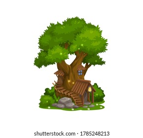 Fairy house of dwarf gnome, elf home tree, vector isolated cartoon icon. Fairy tale dwarf gnome house hut with wooden door and stair, lamp at entrance and flowers and magic glowworm firefly lights