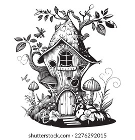 Fairy house in the forest hand drawn sketch illustration