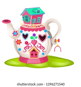 Fairy house in form of ceramic teapot isolated on white background. Vector close-up cartoon illustration.