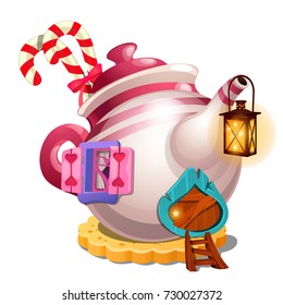 Fairy house in form of ceramic teapot decorated with candy canes and hanging lamp isolated on white background. Vector close-up cartoon illustration.