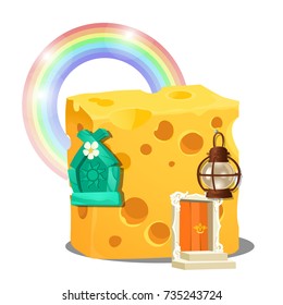 Fairy house in form of chunk of cheese with holes and a rainbow isolated on white background. Vector close-up cartoon illustration.