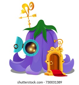 Fairy house in form of flower Bud of a bellflower with purple petals and golden weather vane in the shape of a cat isolated on white background. Vector close-up cartoon illustration.