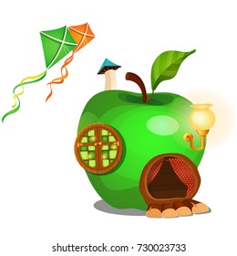 Fairy house in form of ripe green apple and flying kites isolated on white background. Vector close-up cartoon illustration.