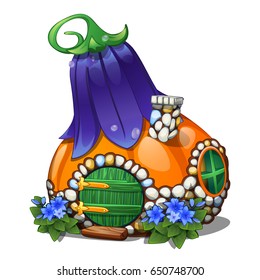 Fairy house in the form of a ripe pumpkin with a blue roof in the form of a flower bluebell isolated on a white background. Vector cartoon close-up illustration.