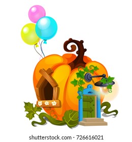 Fairy house in form of ripe pumpkin with wooden window and colorful festive balloons isolated on white background. Sketch for poster or card for holiday of all evil spirits Halloween. Vector close-up.