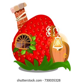 Fairy house in form of ripe red strawberry with a brick chimney isolated on white background. Vector close-up cartoon illustration.