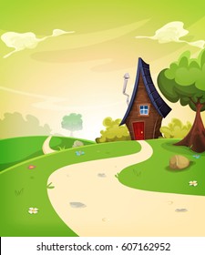 Fairy House Inside Spring Landscape/
Illustration of a cartoon spring or summer season landscape with country road leading to a fairy little house