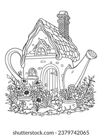 A fairy house inside a teapot. Coloring