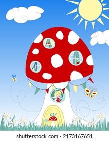 Fairy house in the mushroom. Fairy and the cat at the windows, bee and butterfly flying around. Kids illustration. Vector