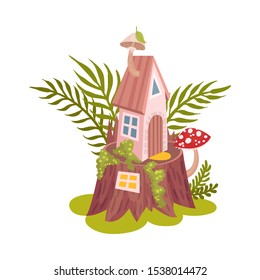 Fairy house with mushroom chimney. Vector illustration on a white background.