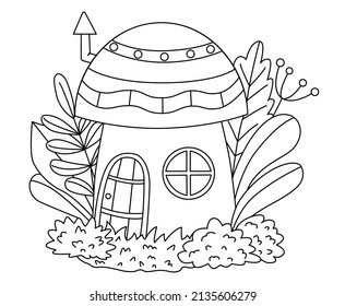 Fairy House mushroom Coloring book. Cute contour house in the forest vector coloring book for adults and children.