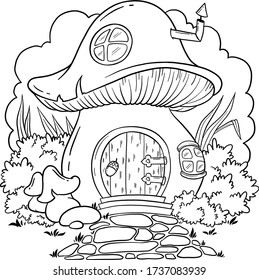 Fairy house mushroom. The home is fabulous creatures. Vector mushroom with windows for coloring book. Isolated vector on a white background.