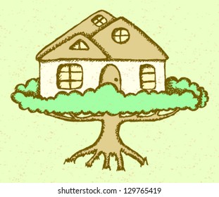 Fairy house on tree, vector sketch illustration