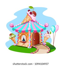 Fairy house out of ice cream with cherries. Delicious vector illustration.