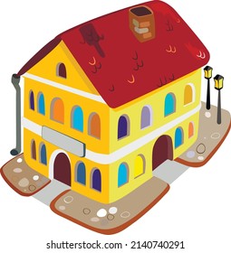 Fairy house with pavement and lanterns. Vector illustration