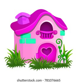 Fairy house pink color isolated on white background. Vector cartoon close-up illustration.