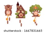 Fairy House Shaped Wall Mounted Clocks with Hanging Fir Cones and Birds Vector Set