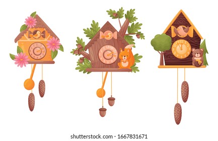 Fairy House Shaped Wall Mounted Clocks with Hanging Fir Cones and Birds Vector Set