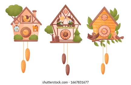 Fairy House Gestreifte Wall-Uhren mit Hängeköpfen und Vektorillustration für Vögel