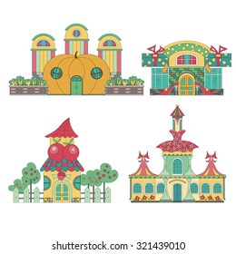 Fairy house: shoe store, store vegetables, fruit shop, clothing store. 
Set of cute toy houses.