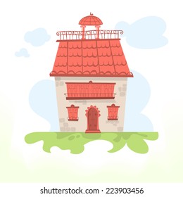 Fairy house with a tiled roof and a cockerel. Vector illustration