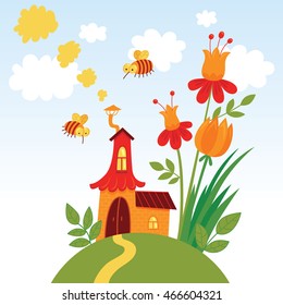 Fairy house in vector. Cute hand drawn illustration of a tiny home with bees and flowers. Creative design for a fairy tale decoration or children`s performance backdrop