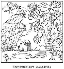 Fairy house in the woods. Children's coloring. Vector illustration