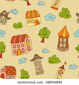 Fairy houses. Colorful seamless pattern in cartoon style	