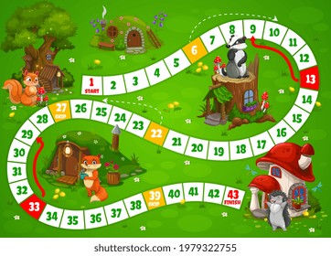 Fairy houses and dwellings boardgame. Vector kids step game, riddle with forest animals and their homes mushroom, tree, stump or hillock. Cute cartoon characters fox, squirrel with badger and hedgehog