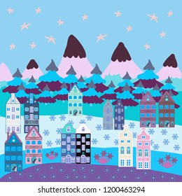 Fairy houses on purple, brown and beige colors. Panorama. Vector illustration. Christmas village of Santa Claus.