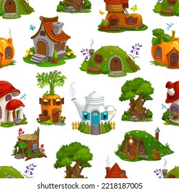 Fairy houses seamless pattern, carrot and kettle or boot with pumpkin and fly agaric mushroom on vector background. Cartoon pattern of dwarf homes and elf houses or dwellings in tree stump and oak