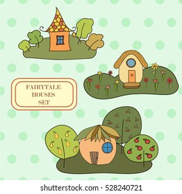 Fairy houses set on the green polka dots background.