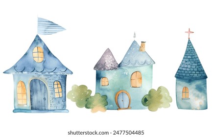 Fairy houses. Set of scandinavian childish houses. Cute watercolor castle. Watercolor kingdom. 