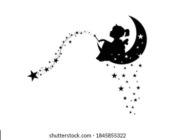 fairy Icon Vector illustration. Cute Fairy With Winds And stars symbol. cartoon Magical fairies night, emblem isolated on white background, Flat style for graphic and web design, tattoo, silhouette.