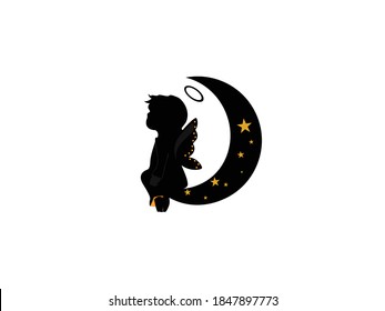fairy Icon Vector illustration. Cute Fairy With Winds And stars symbol. cartoon Magical moon night, emblem isolated on white background, Flat style for graphic and web design, tattoo, silhouette.