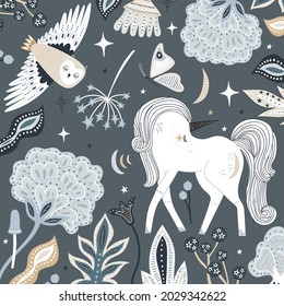 Fairy illustration with unicorn, owl, butterfly in mysterious style. Starry night with botanical elements, flowers. Vector illustration