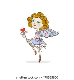 Fairy illustration.Cute vector little girl with wings isolated on a white background.